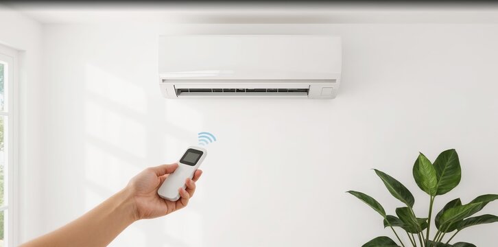 Person's hand adjusting a modern air conditioner unit using a remote control, ensuring comfortable indoor temperature