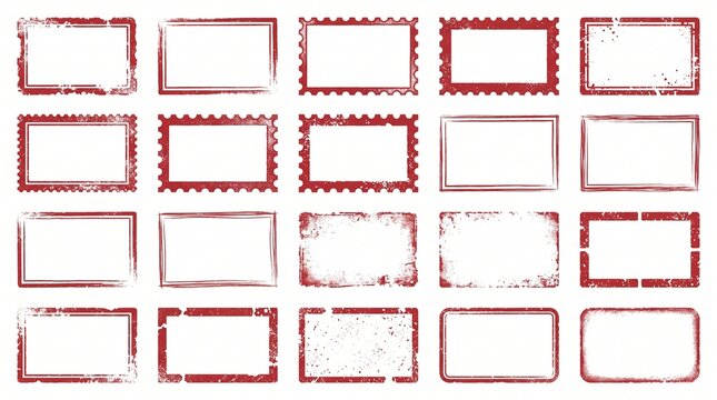 Red distressed rectangular frame icon collection featuring grunge borders, rough ink textures, vintage stamp edges, weathered outlines, and hand-drawn imperfections on white background.
