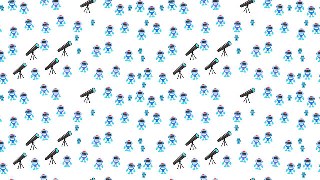 Seamless pattern of blue robots and telescopes