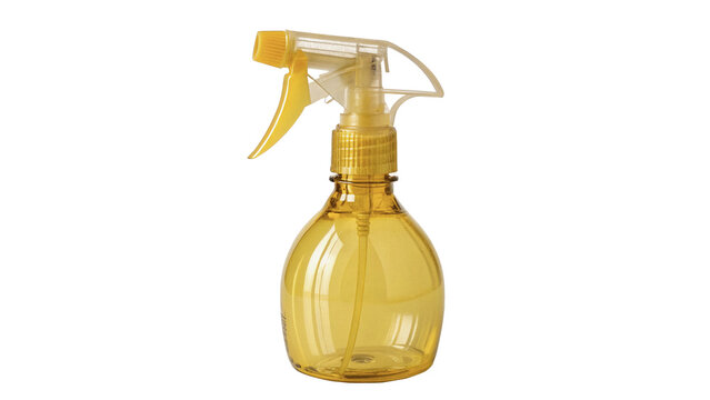 Yellow plastic trigger spray bottle pump dispenser liquid cosmetic household packaging isolated on transparent background