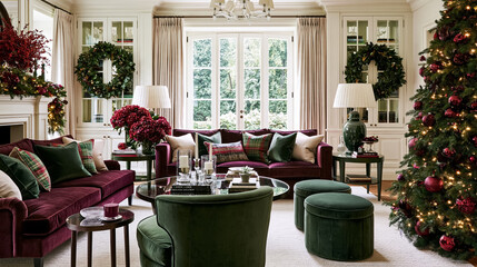 Naklejka premium Luxury interior decorating with burgundy and green velvet furniture, plaid pillows, and traditional holiday accents for a festive atmosphere