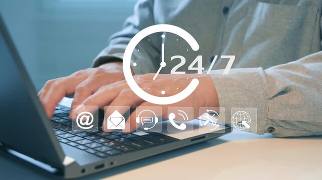 Person typing on laptop, surrounded by 24/7 service icons. Hands focused on keyboard, suggesting constant work or support. Ideal for themes like customer service, remote work, or tech support
