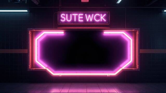 Dark subway station. Bright pink neon sign spells SUTE WCK. Blue lights illuminate tiled walls, creating futuristic vibe.