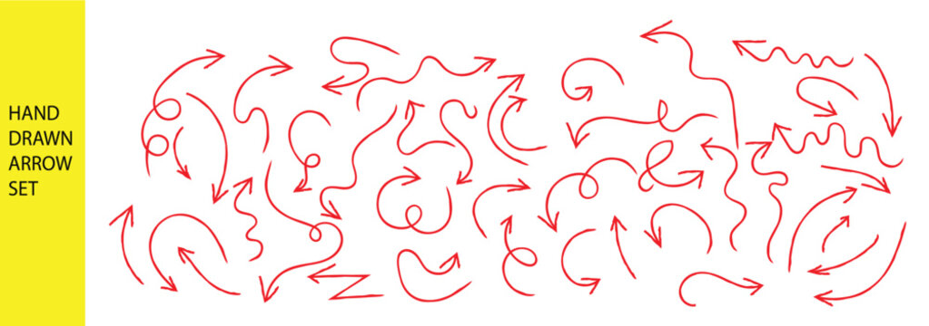 collection of red hand drawn curly arrows for creative designs