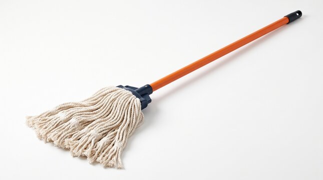 Photorealistic cotton string mop with a bright orange handle, angled diagonally on a pure white background, detailed fibers, soft shadows, minimalist cleaning product photography.