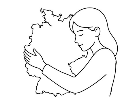 Continuous one line drawing of a woman hugging Germany map, abstract patriotism and travel concept vector illustration