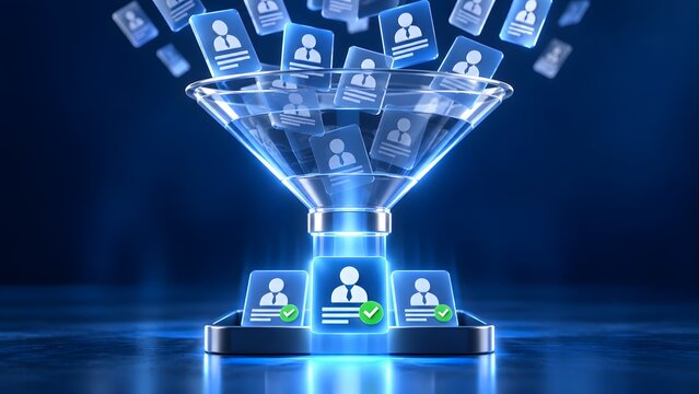 Concept of human resources recruitment and talent selection process showing candidate profiles being filtered through a digital blue glowing funnel for hiring and career screening