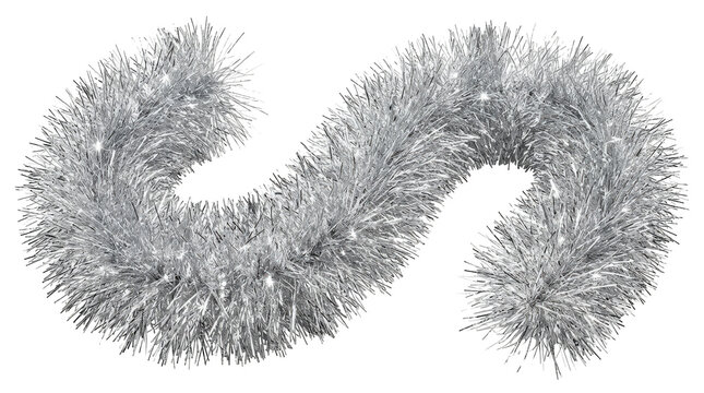 Silver tinsel garland, photorealistic fluffy decorative strand with dense reflective metallic fibers, bright shimmering silver texture and festive volume. Gentle curved studio presentation, sharp