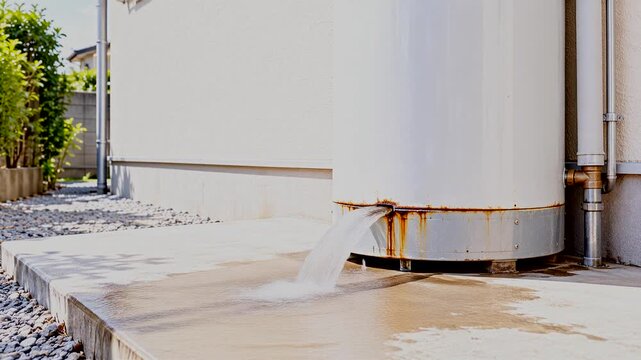 Rusted outdoor water heater tank leaking water from the base seam onto a sunlit concrete slab