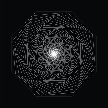 Intricate white polygonal spiral lines create a mesmerizing optical illusion on a black background, featuring hypnotic geometric patterns and abstract symmetry.