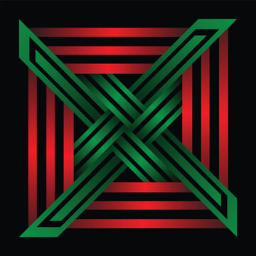 Vibrant red and green geometric ribbons create an intricate interwoven square design with dark shadows, gradient highlights, and a striking modern abstract aesthetic.