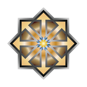 A symmetrical golden geometric star combines metallic gradients, black outlines, and intersecting angular shapes to create a luxurious futuristic emblem on a white background.