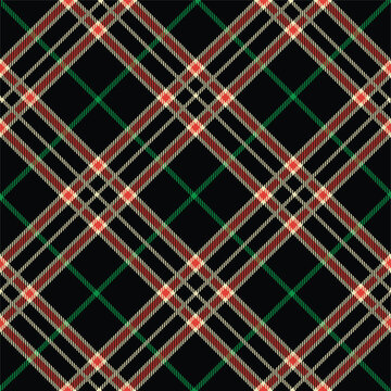 Repeating diagonal stripes in red, green, and cream intersect to create a complex geometric plaid pattern on black, ideal for contemporary textile and decorative applications.