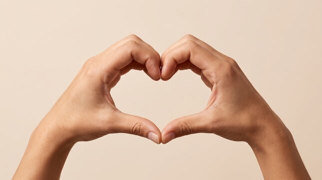 Two hands forming heart shape against neutral background love