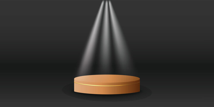 White spotlights on podium display color with black background. Modern studio, wall scene fashion, stage podium scene with for Award Ceremony. 3D rendering.