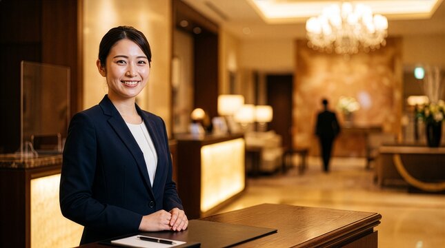 高級ホテルのフロントで応対する日本人女性スタッフ