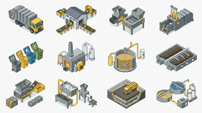 Comprehensive Waste Recycling Process and Equipment Infographic Icons