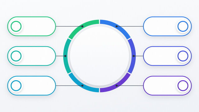 Modern 6 step circular segment infographic diagram template with connected rounded text boxes for report