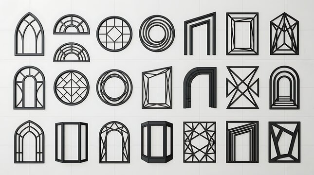 Collection of black geometric window frames and architectural