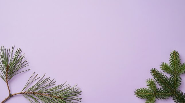 Evergreen branches with lavender background creating a minimalist nature scene