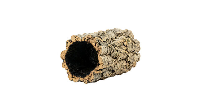 Natural cork bark tunnel for reptile terrarium habitat isolated on