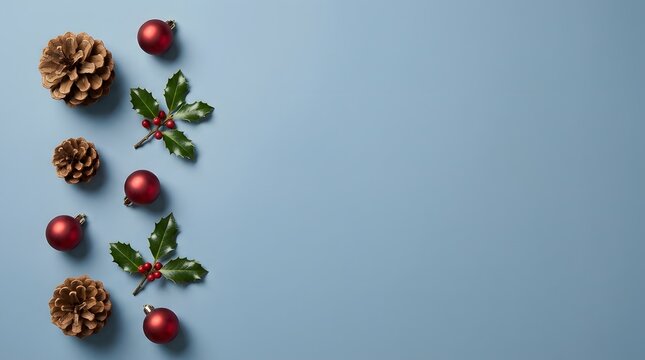 Festive winter arrangement of pinecones holly and red berries on blue