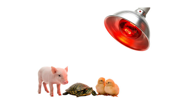 Baby piglet turtle and chicks under a red heat lamp isolated on a