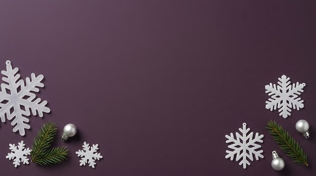 Elegant winter background with snowflakes and ornaments on a plum backdrop