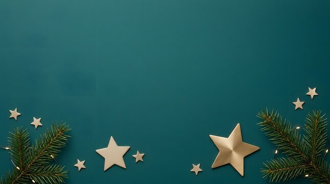 Festive christmas background with sparkling stars and blurred evergreen branches