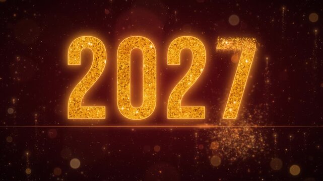 New Year transition from 2026 to 2027 with fireworks on a red background. Changing numerals and celebratory bursts create a festive animated greeting for the arrival of the coming year.