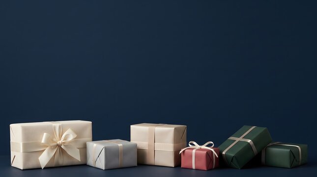 Collection of beautifully wrapped gifts on a dark teal background