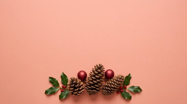 Festive winter arrangement with pinecones and berries on a soft background