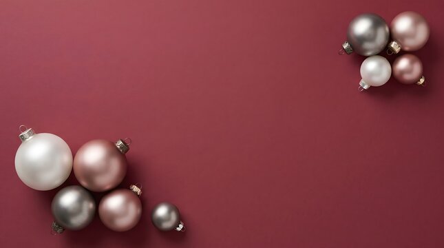 Elegant christmas ornaments on a deep burgundy background with copy space
