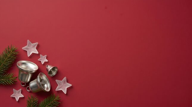 Festive christmas decorations with silver stars on a vibrant red background