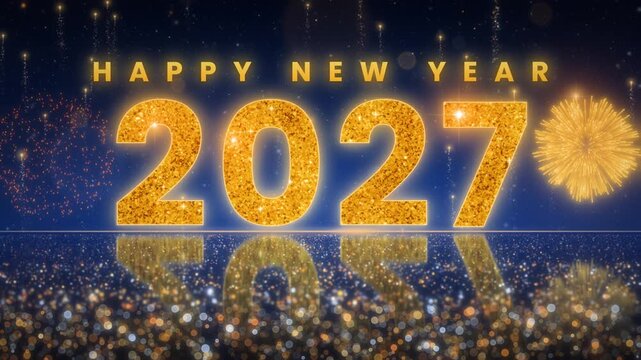 Golden 2027 numerals reflected beneath fireworks on a blue background. Bright celebratory bursts and mirrored lettering create a luminous New Year animation with an elegant festive atmosphere.