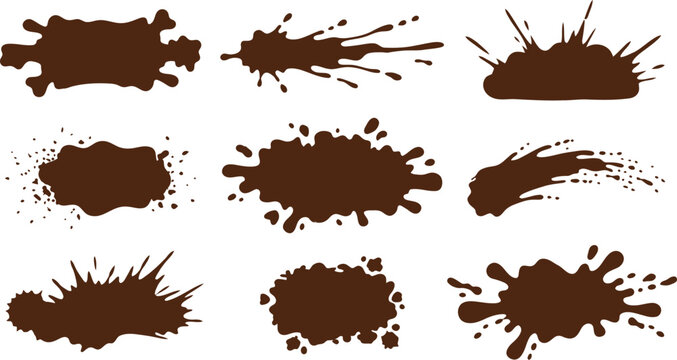 Set of isolated brown mud or chocolate splash shapes and liquid splatter elements for creative graphic design
