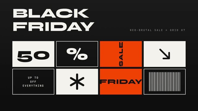 Black Friday sale neo brutalism style animated grid layout with bold typography arrows and asterisks featuring fifty percent discount offer for modern streetwear or urban brand promo