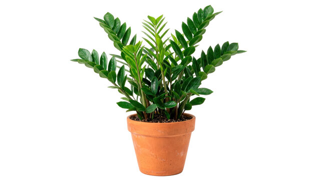 ZZ plant, single lush ZZ plant with glossy deep-green leaflets arranged on upright stems in a warm terracotta pot, photorealistic botanical photography, front three-quarter view, razor-sharp focus,