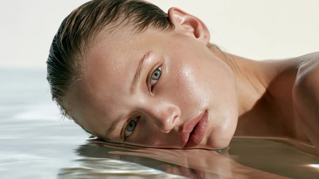 Beautiful female model posing in calm pristine clear water with flawless skin and bright sunlight in a serene calm atmosphere background for a luxury makeup brand photo shoot