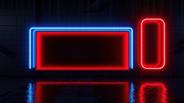 Neon rectangles illuminate dark room. Blue outer frame surrounds red inner space. Reflections visible on floor. Minimalist design.