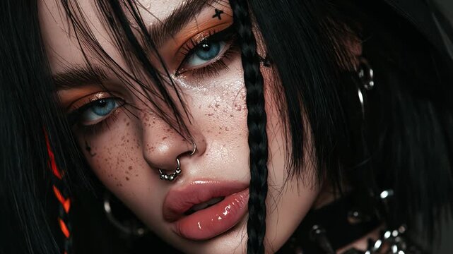 Beautiful emo and goth female model with black hair with modern piercings and edgy tattoos staring intently at the camera for a alternative hair and makeup photoshoot
