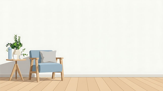 Minimalist Living Room Interior Vector Illustration with Modern Armchair Side Table and Copy Space on Empty Wall