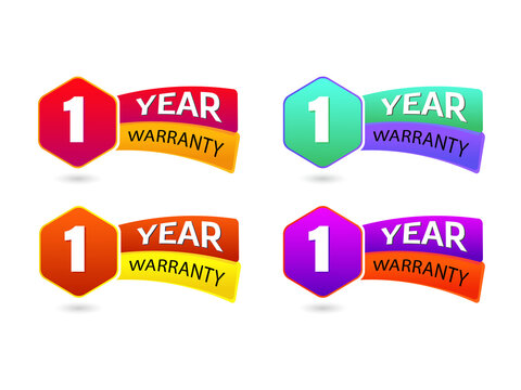 Four colorful 1 year warranty labels isolated on a transparent background