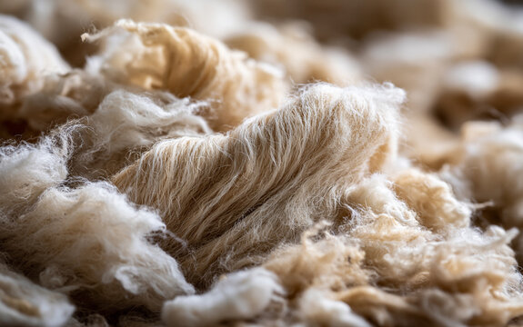 Agriculture and sustainable textile production, close up of raw sheep wool texture on a farm for natural fiber manufacturing and organic clothing