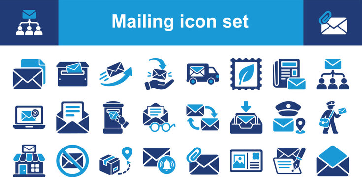 Mailing icon set containing envelope, mailbox, delivery truck, postman, and stamp symbols for communication