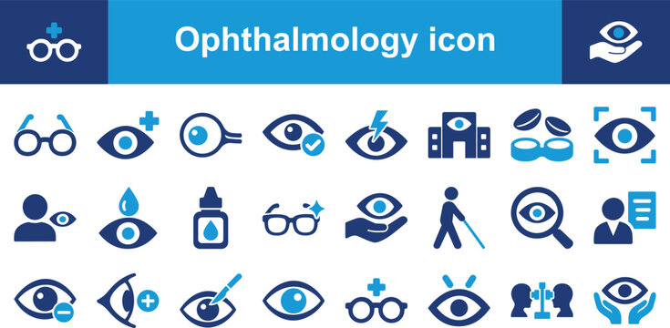 Ophthalmology and eye care solid icon set containing icons for eyeglasses, eye examination, eye drops, and laser surgery for medical projects