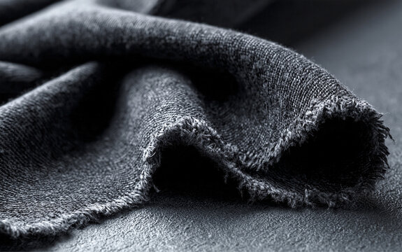 Textile design and fashion industry concept, dark grey denim fabric swatch with frayed edges and natural folds on a minimalist matte background