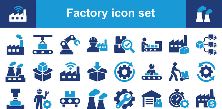 Factory and industrial production solid icon set containing icons for assembly line, robotic arm, warehouse, and supply chain logistics for manufacturing