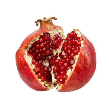 Vibrant red ripe pomegranate, split open to reveal juicy arils and white pith, captured with bright studio lighting on a clean white background