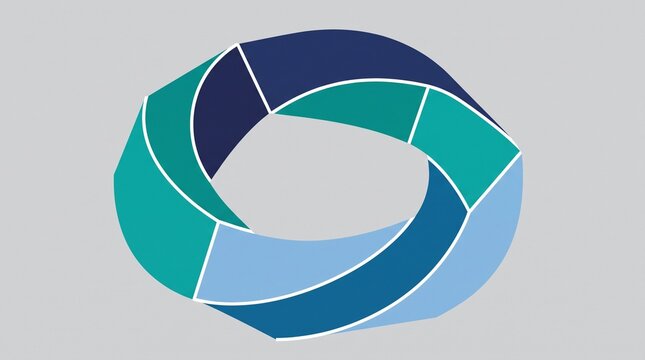 Abstract circular mobius loop illustration, geometric blue and teal ribbon segments, modern infinity symbol on grey background, corporate branding graphic